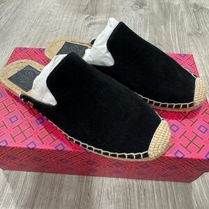 Tory Burch Black and Tan Espadrille Slip-Ons